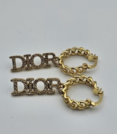 dior modeli zincir halka taşlı altın cd küpe