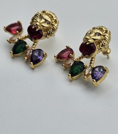 gucci modeli renkli taşlı kaplan başı gold gg küpe