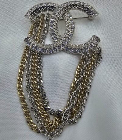 Chanel modeli taşlı zincirli gold gümüş cc broş