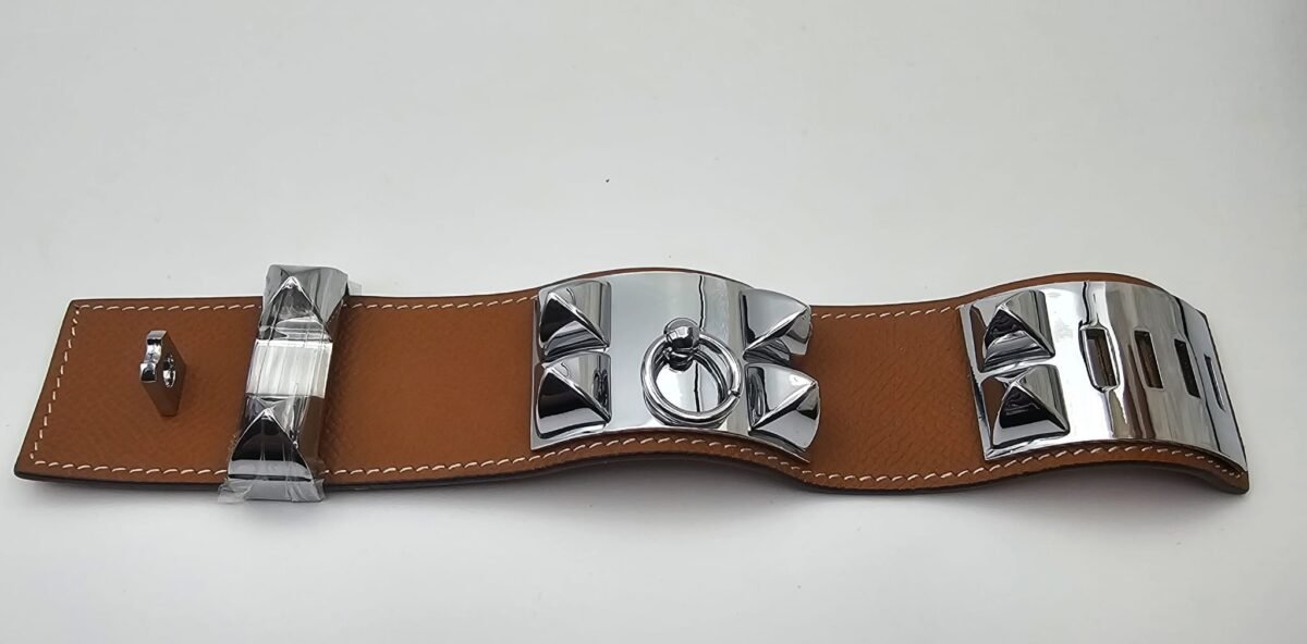 Hermes modeli turuncu derili gümüş kalın tasma bileklik