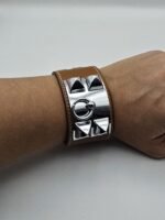 Hermes modeli kahverengi derili gümüş kalın tasma bileklik