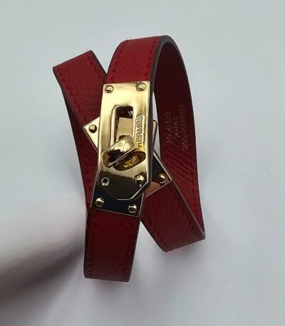 Hermes modeli kırmızı derili gold bileklik