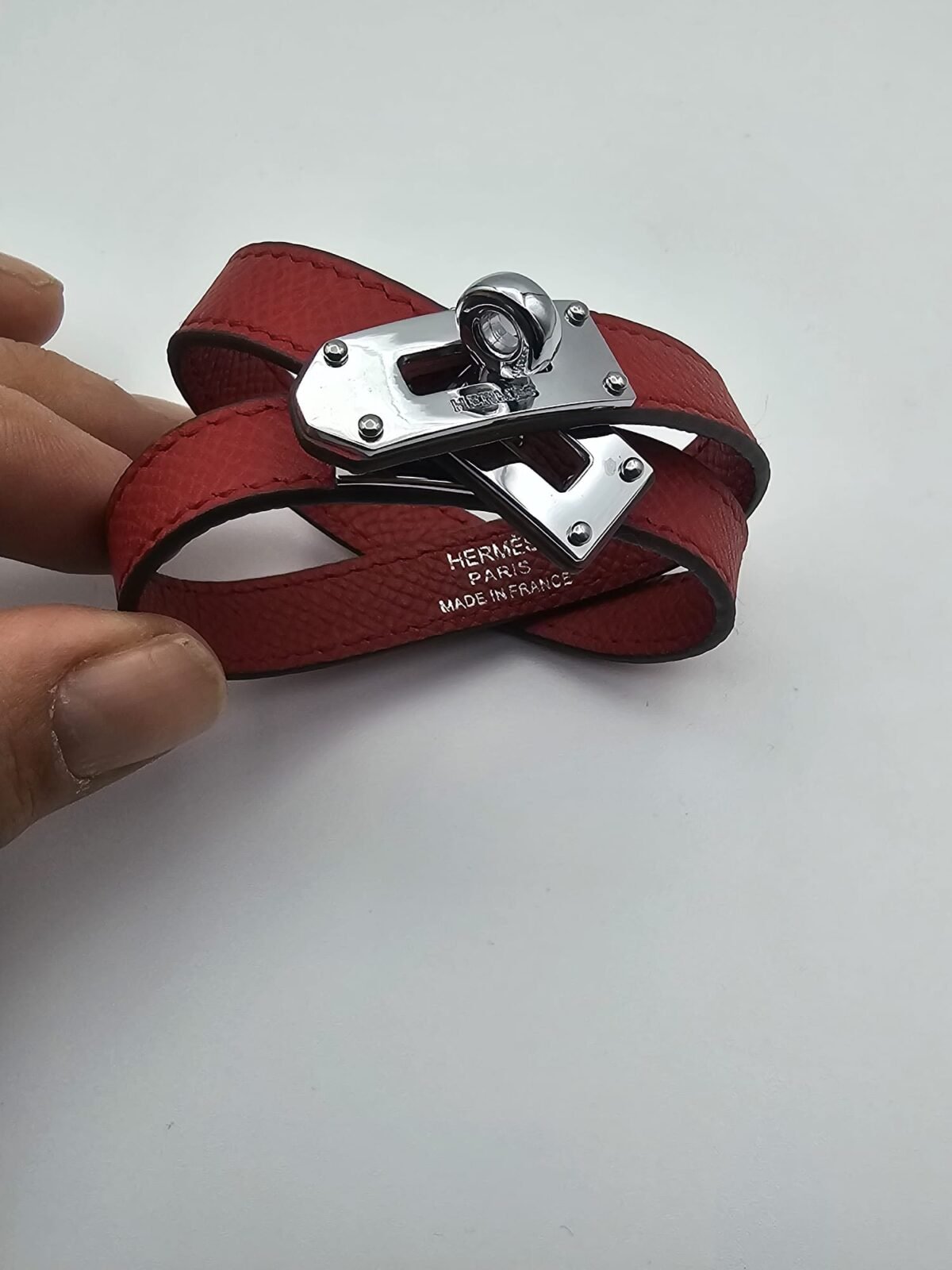 Hermes modeli kırmızı derili gümüş bileklik