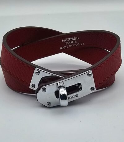 Hermes modeli kırmızı derili gümüş bileklik