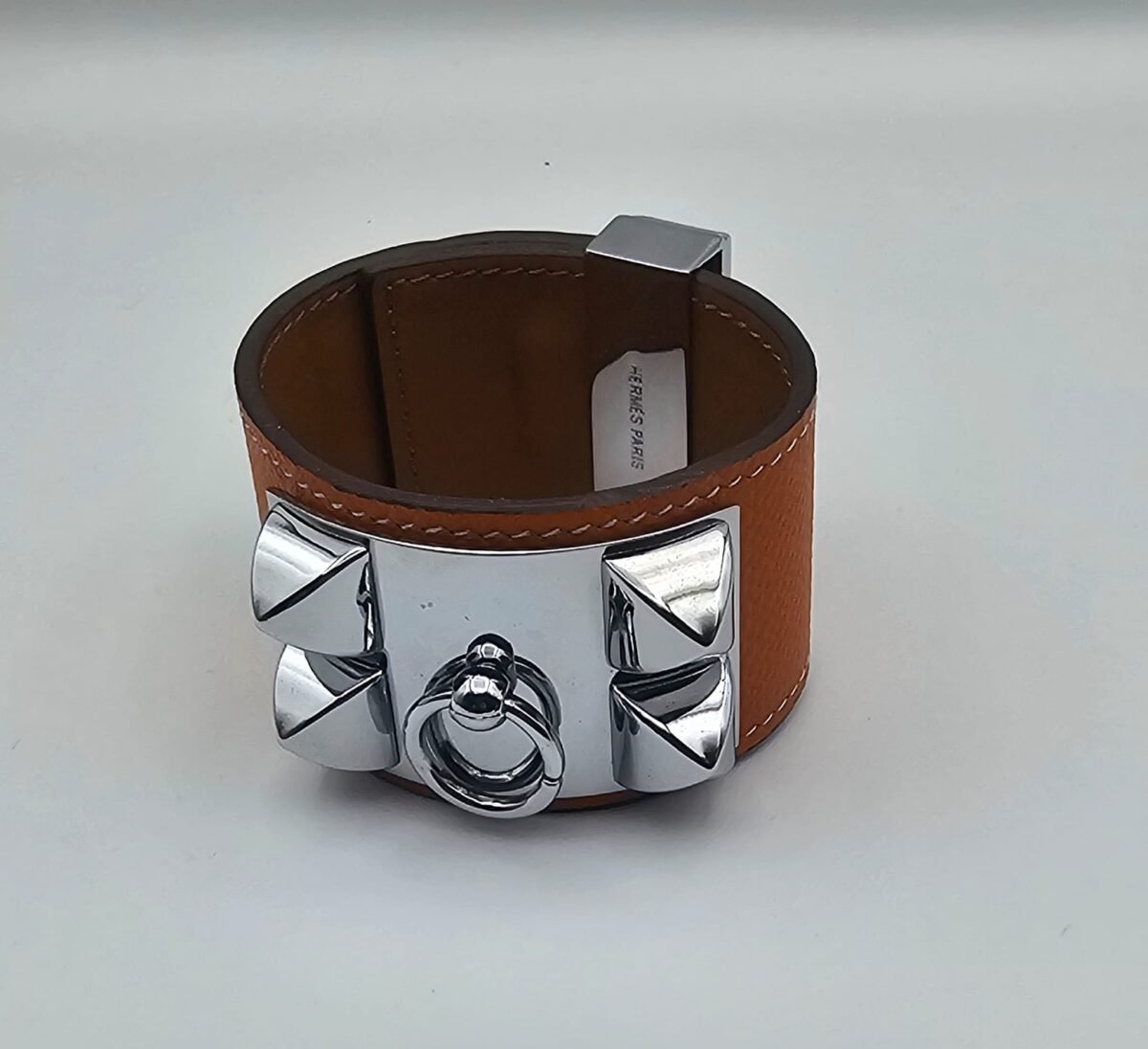 Hermes modeli turuncu derili gümüş kalın tasma bileklik