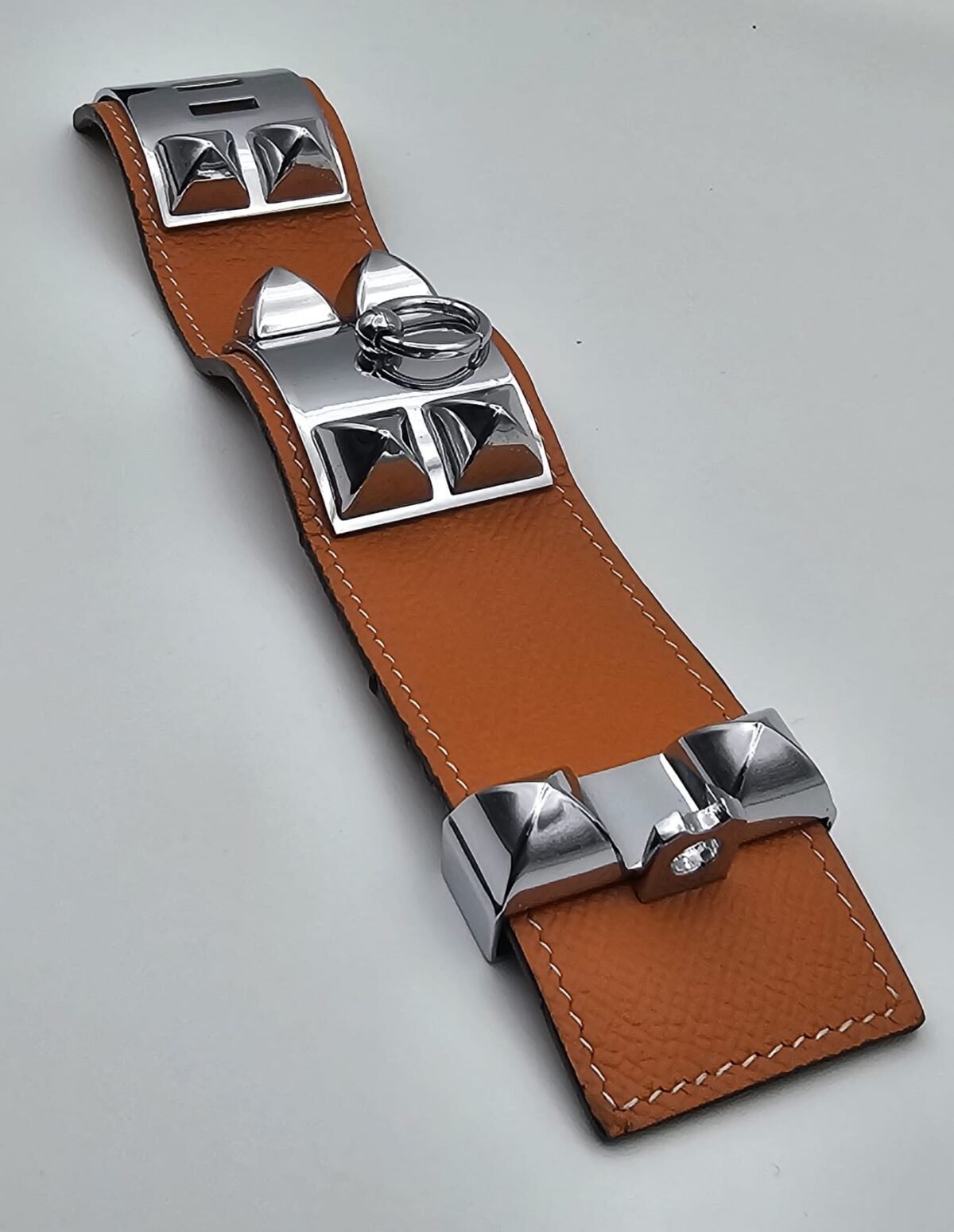 Hermes modeli turuncu derili gümüş kalın tasma bileklik