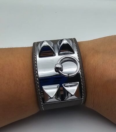 Hermes modeli vizon derili gümüş kalın tasma bileklik