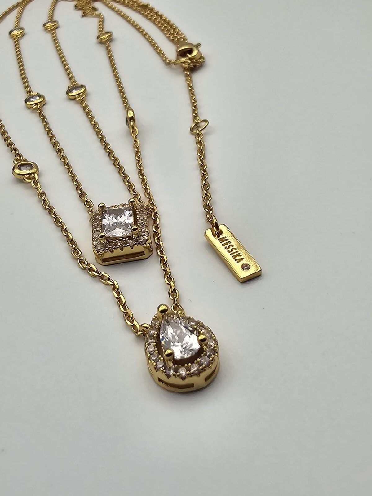 Messika modeli damla ve kare taşlı gold altın kolye