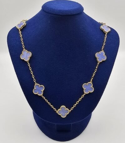 Van cleef modeli 10 yapraklı büyük yonca doğal taş açık mavi vca gold kolye
