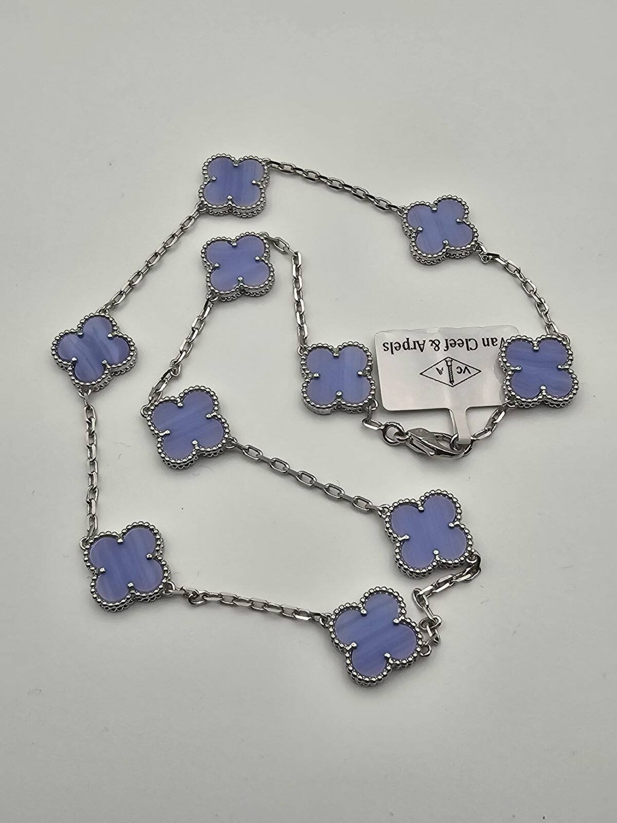 Van cleef modeli 10 yapraklı büyük yonca doğal taş açık mavi vca gümüş kolye