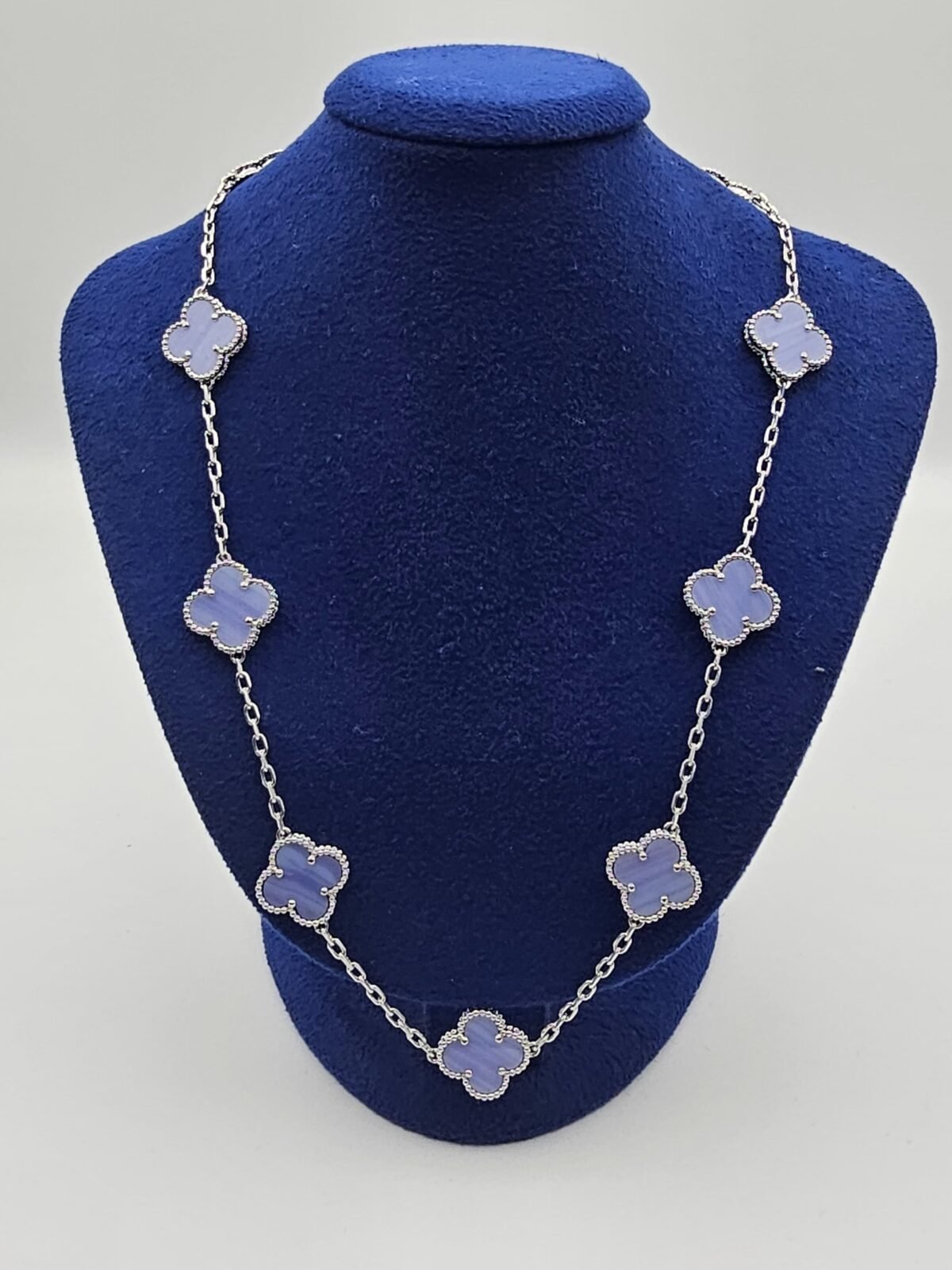 Van cleef modeli 10 yapraklı büyük yonca doğal taş açık mavi vca gümüş kolye