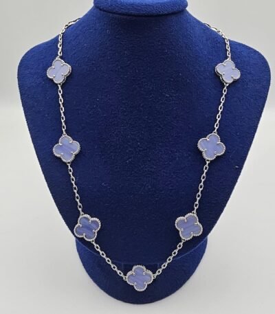 Van cleef modeli 10 yapraklı büyük yonca doğal taş açık mavi vca gümüş kolye