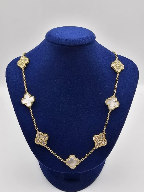 Van cleef modeli 10 yapraklı büyük yonca doğal taş sedef beyaz-taşlı vca gold kolye
