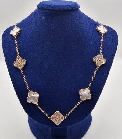 Van cleef modeli 10 yapraklı büyük yonca doğal taş sedef beyaz-taşlı vca rose kolye
