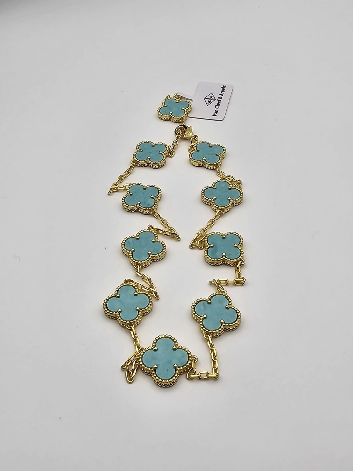 Van cleef modeli 10 yapraklı büyük yonca doğal taş turkuaz vca gold kolye