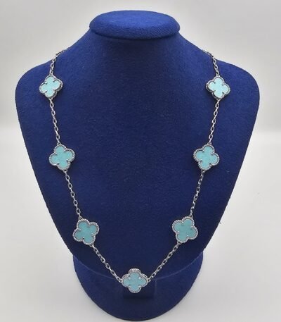Van cleef modeli 10 yapraklı büyük yonca doğal taş turkuaz vca gümüş kolye