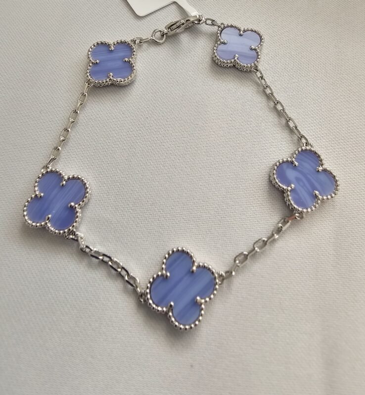 Van cleef modeli 5 yapraklı büyük yonca doğal taş açık mavi vca gümüş bileklik