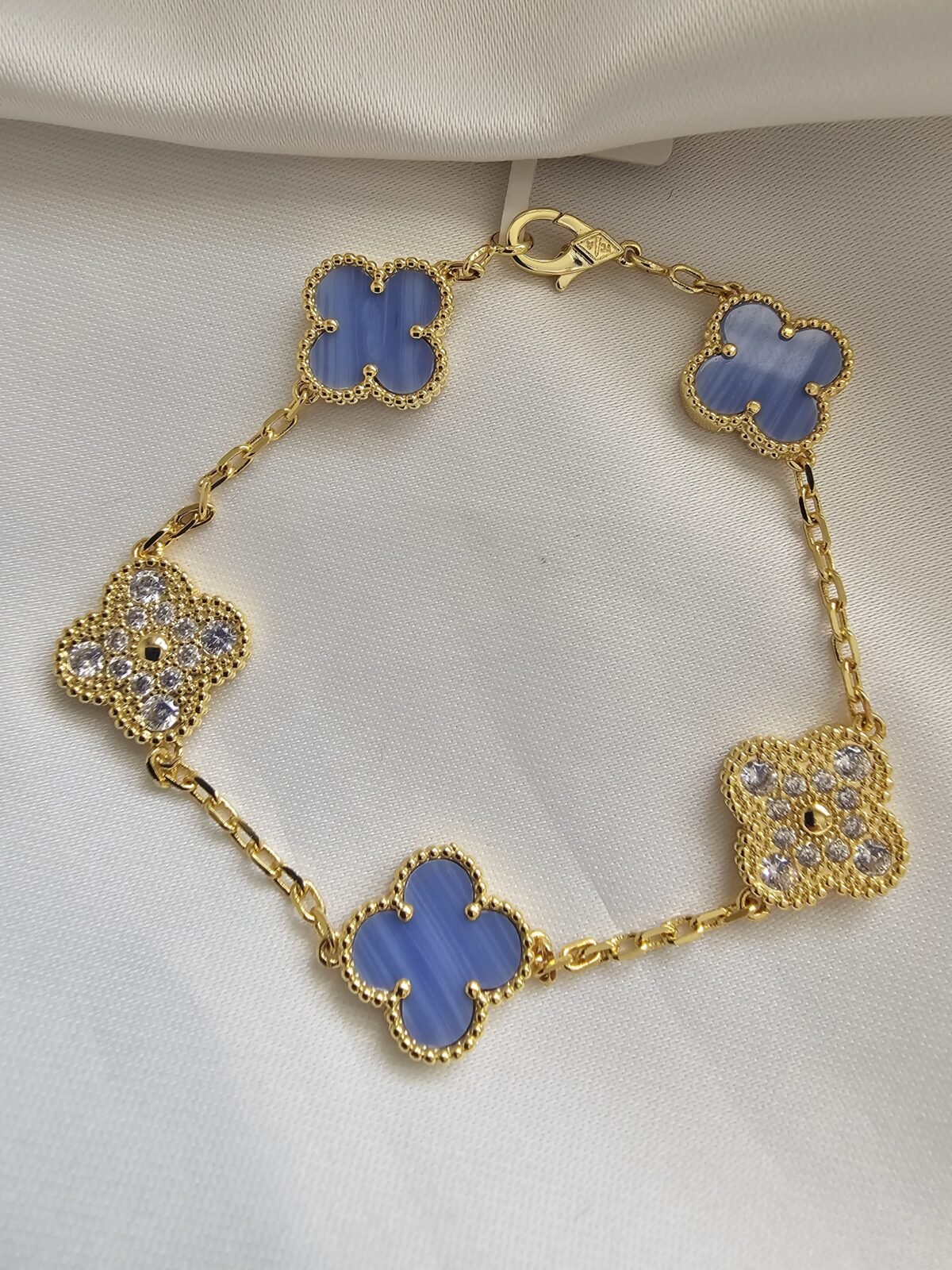 Van cleef modeli 5 yapraklı büyük yonca doğal taş açık mavi ve taşli vca gold bileklik