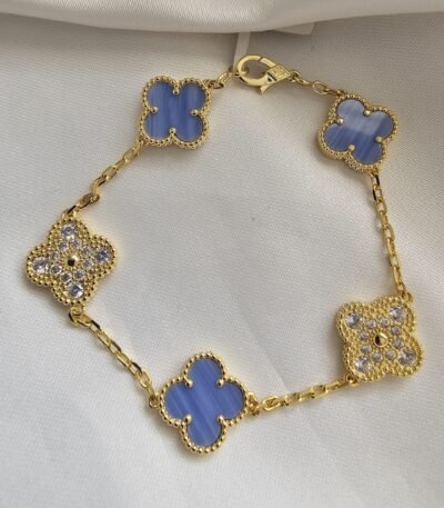 Van cleef modeli 5 yapraklı büyük yonca doğal taş açık mavi ve taşli vca gold bileklik