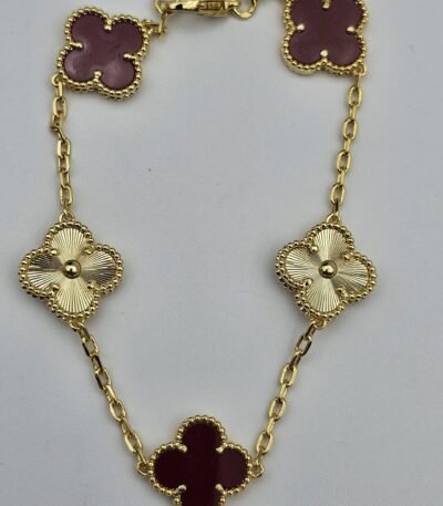 Van cleef modeli 5 yapraklı büyük yonca doğal taş kırmızı-düz vca gold bileklik
