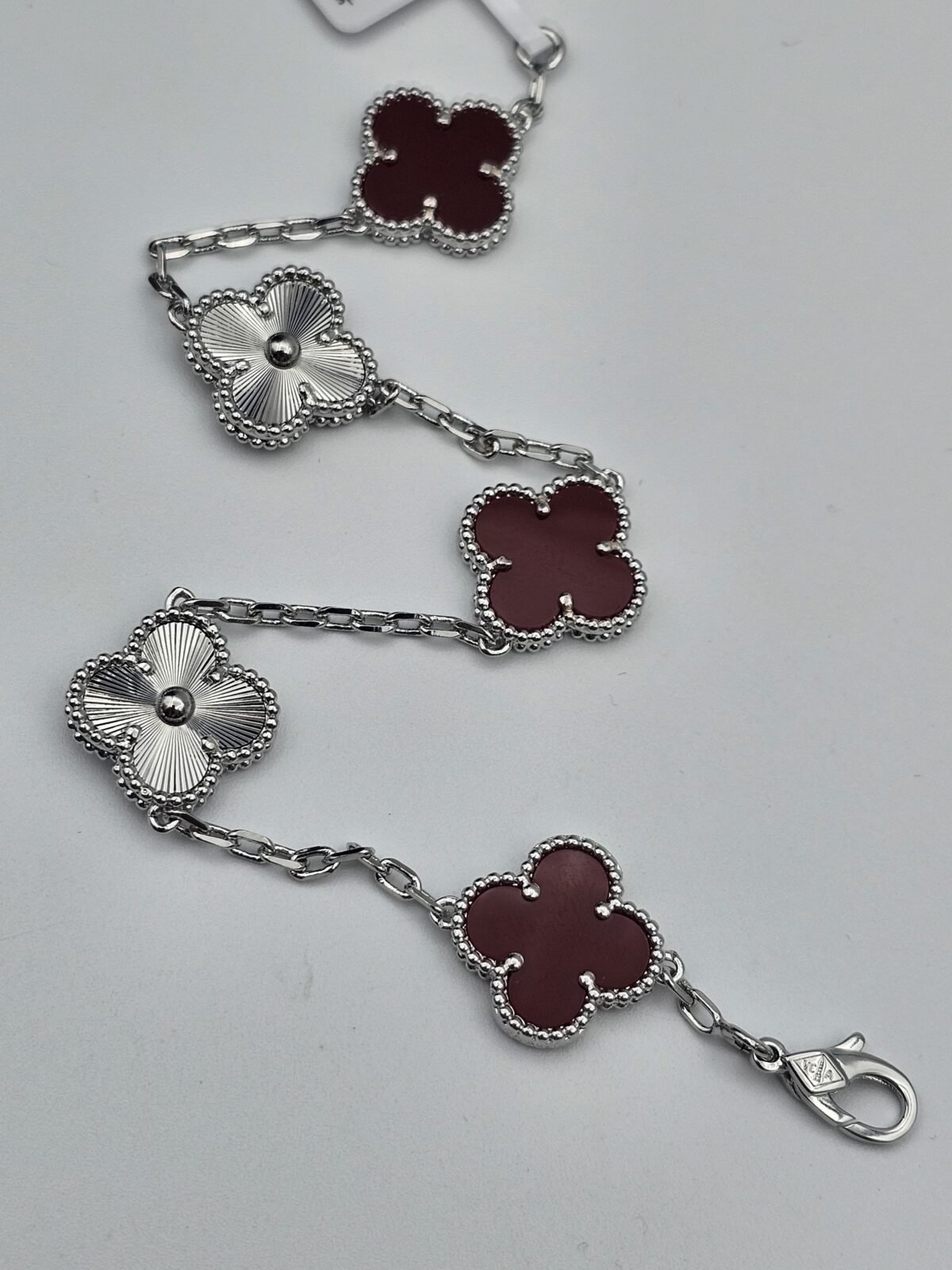 Van cleef modeli 5 yapraklı büyük yonca doğal taş kırmızı-düz vca gümüş bileklik
