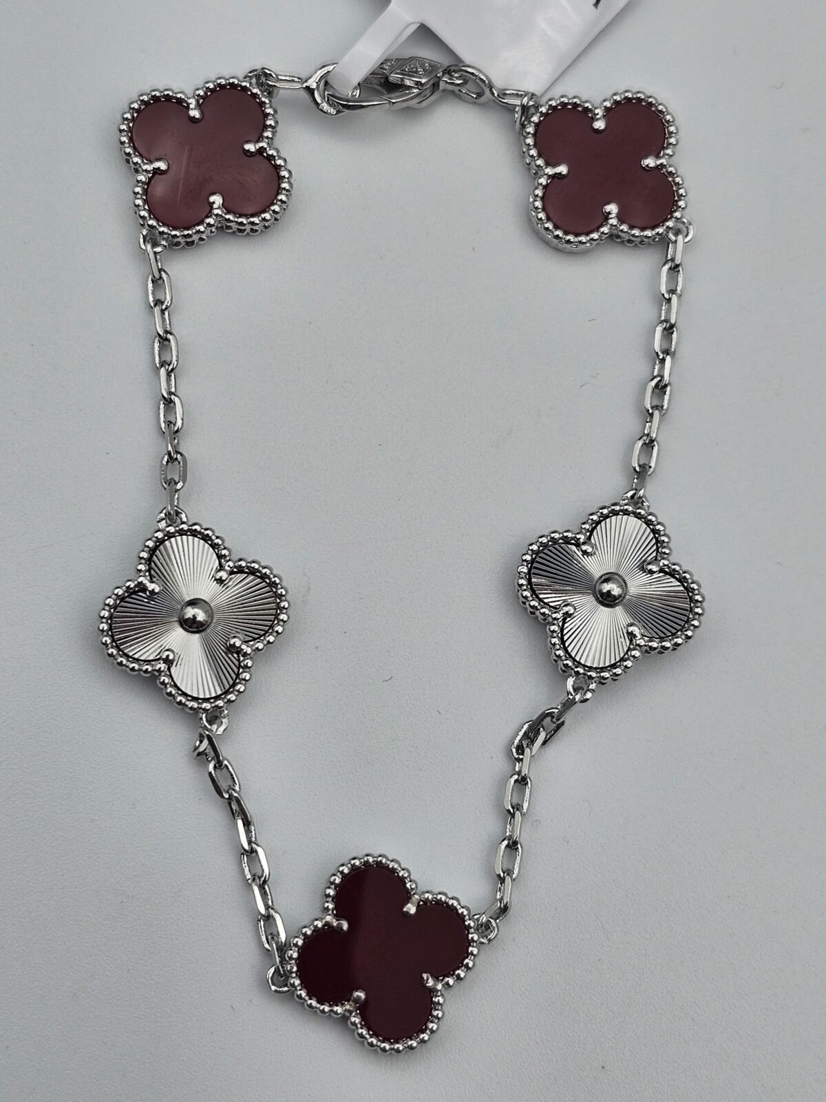 Van cleef modeli 5 yapraklı büyük yonca doğal taş kırmızı-düz vca gümüş bileklik
