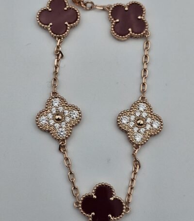 Van cleef modeli 5 yapraklı büyük yonca doğal taş kırmızı-taşlı vca rose bileklik