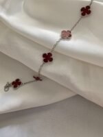 Van cleef modeli 5 yapraklı büyük yonca doğal taş kırmızı vca gümüş bileklik
