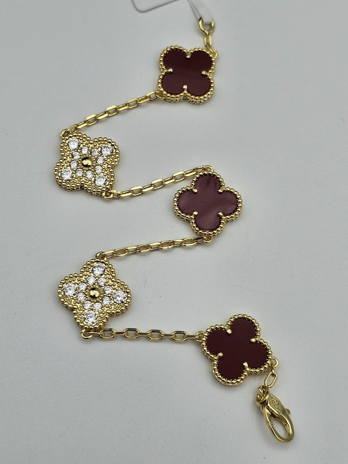 Van cleef modeli 5 yapraklı büyük yonca doğal taş kırmızı ve taşlı vca gold bileklik