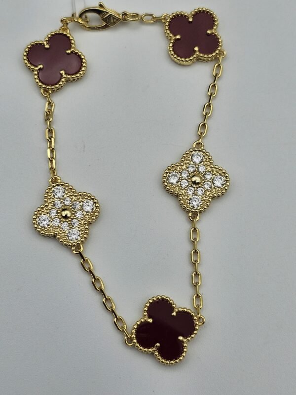 Van cleef modeli 5 yapraklı büyük yonca doğal taş kırmızı ve taşlı vca gold bileklik