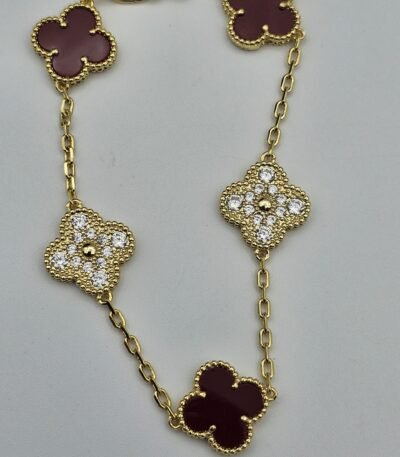 Van cleef modeli 5 yapraklı büyük yonca doğal taş kırmızı ve taşlı vca gold bileklik