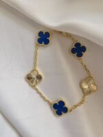 Van cleef modeli 5 yapraklı büyük yonca doğal taş mavi-düz vca gold bileklik