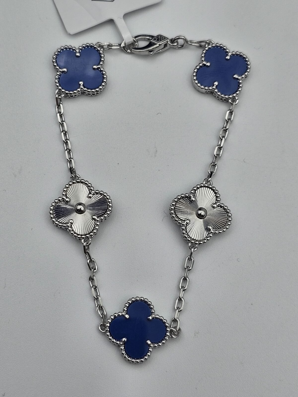 Van cleef modeli 5 yapraklı büyük yonca doğal taş mavi-düz vca gümüş bileklik