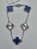 Van cleef modeli 5 yapraklı büyük yonca doğal taş mavi-düz vca gümüş bileklik