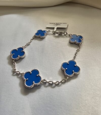 Van cleef modeli 5 yapraklı büyük yonca doğal taş mavi vca gümüş bileklik