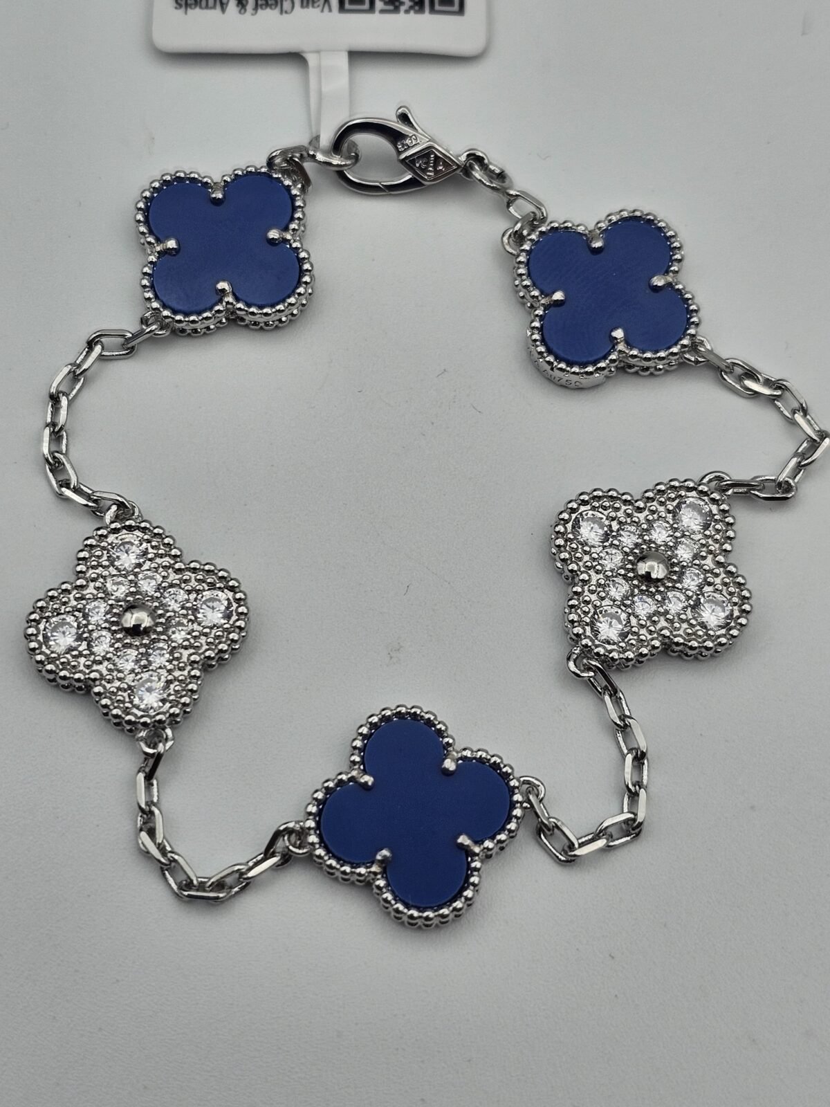 Van cleef modeli 5 yapraklı büyük yonca doğal taş mavi ve taşlı vca gümüş bileklik