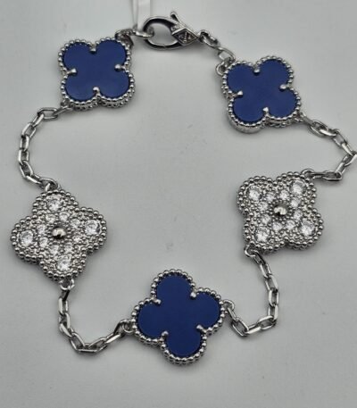 Van cleef modeli 5 yapraklı büyük yonca doğal taş mavi ve taşlı vca gümüş bileklik