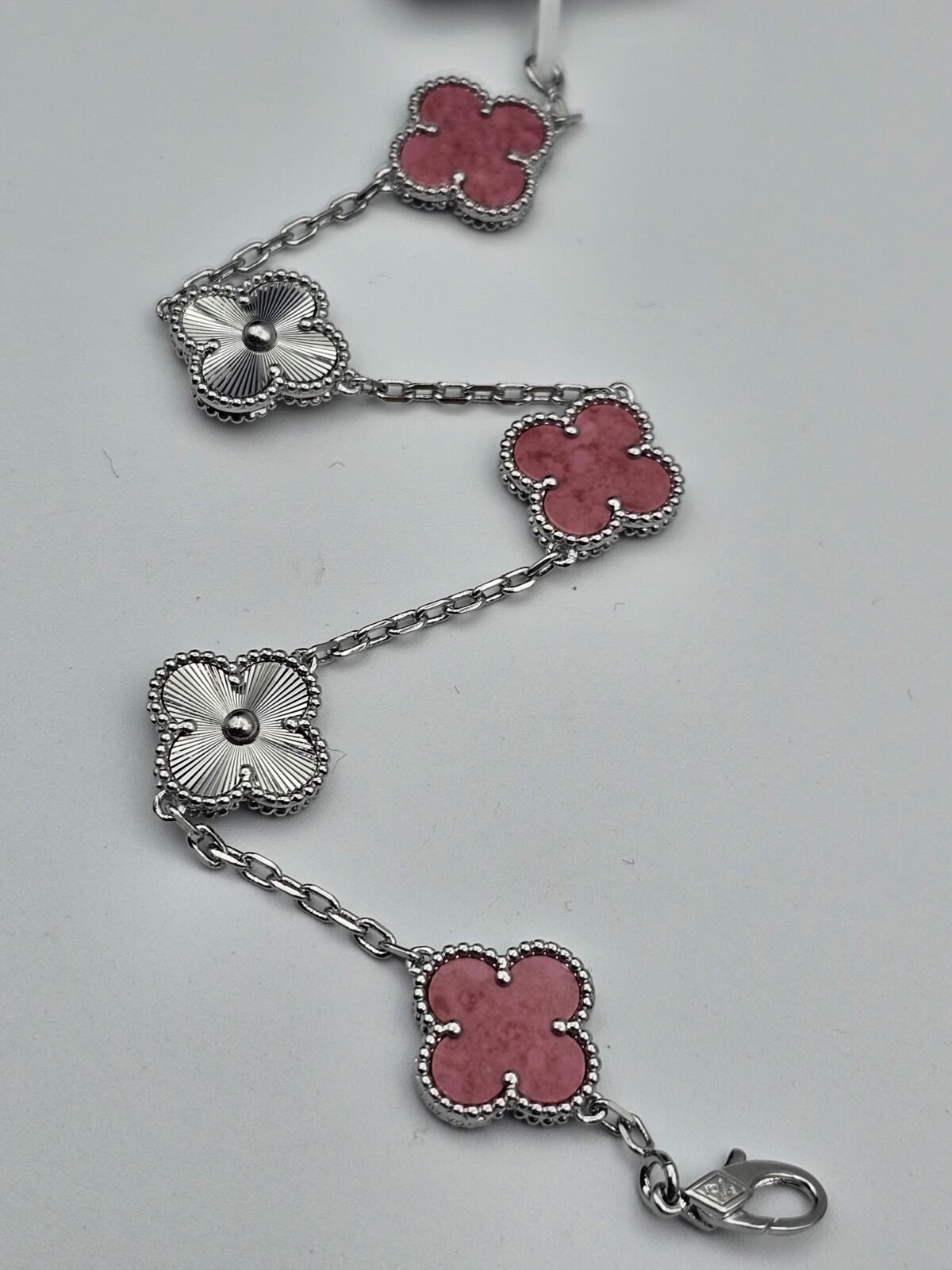 Van cleef modeli 5 yapraklı büyük yonca doğal taş pembe-düz vca gümüş bileklik