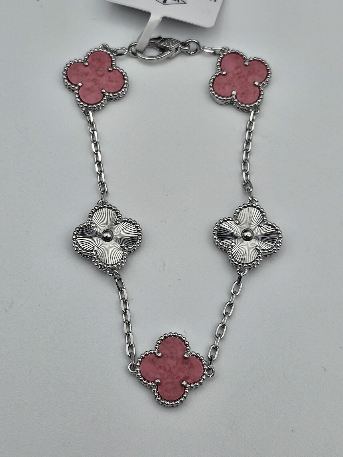 Van cleef modeli 5 yapraklı büyük yonca doğal taş pembe-düz vca gümüş bileklik