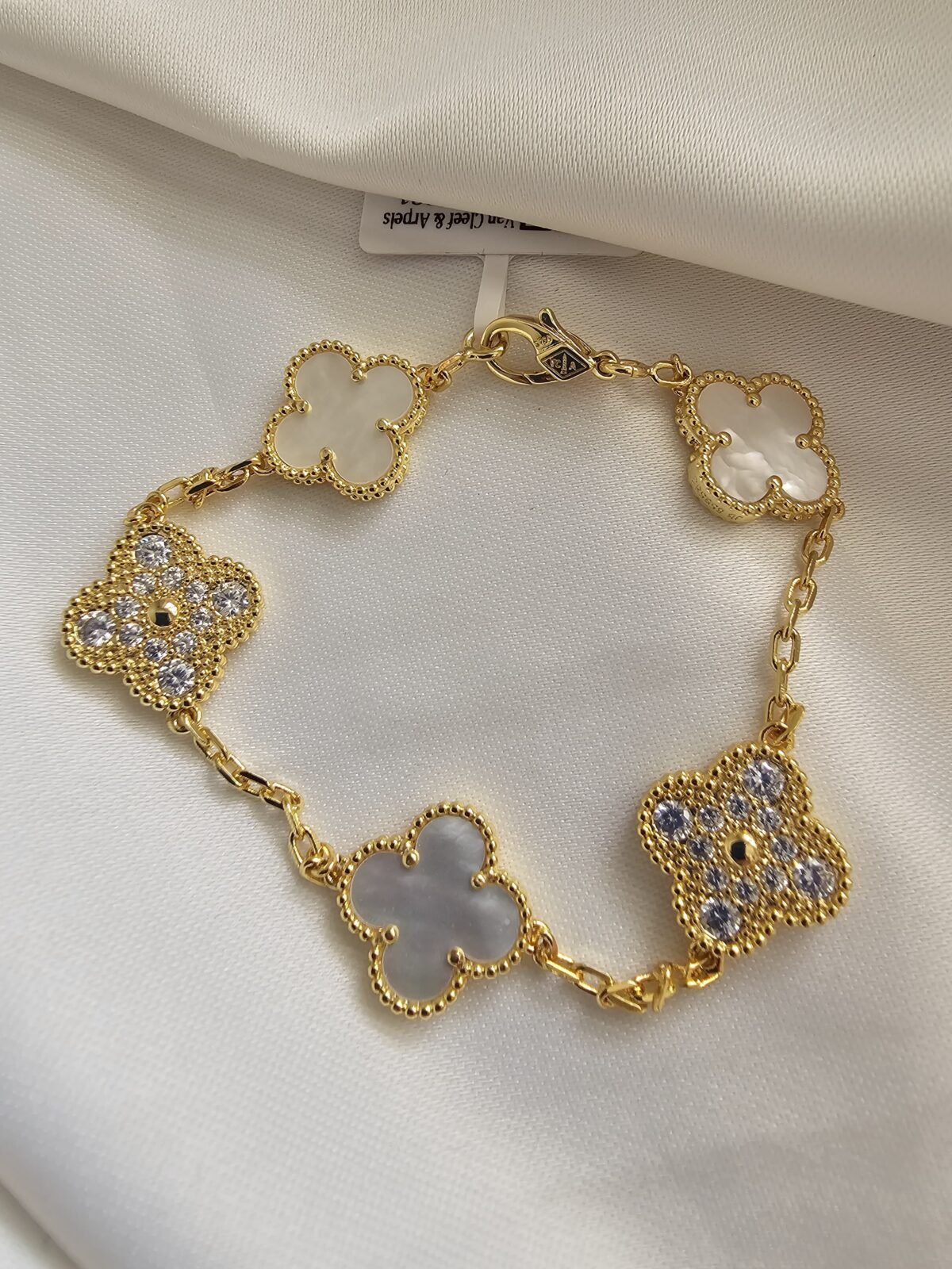 Van cleef modeli 5 yapraklı büyük yonca doğal taş sedef beyaz ve taşlı vca gold bileklik