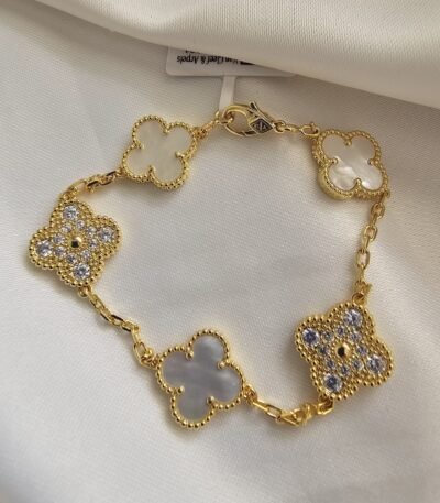 Van cleef modeli 5 yapraklı büyük yonca doğal taş sedef beyaz ve taşlı vca gold bileklik