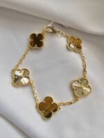 Van cleef modeli 5 yapraklı büyük yonca doğal taş sedef kehribar-düz vca gold bileklik