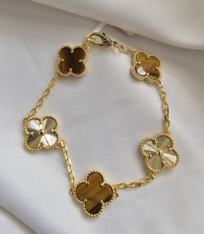 Van cleef modeli 5 yapraklı büyük yonca doğal taş sedef kehribar-düz vca gold bileklik