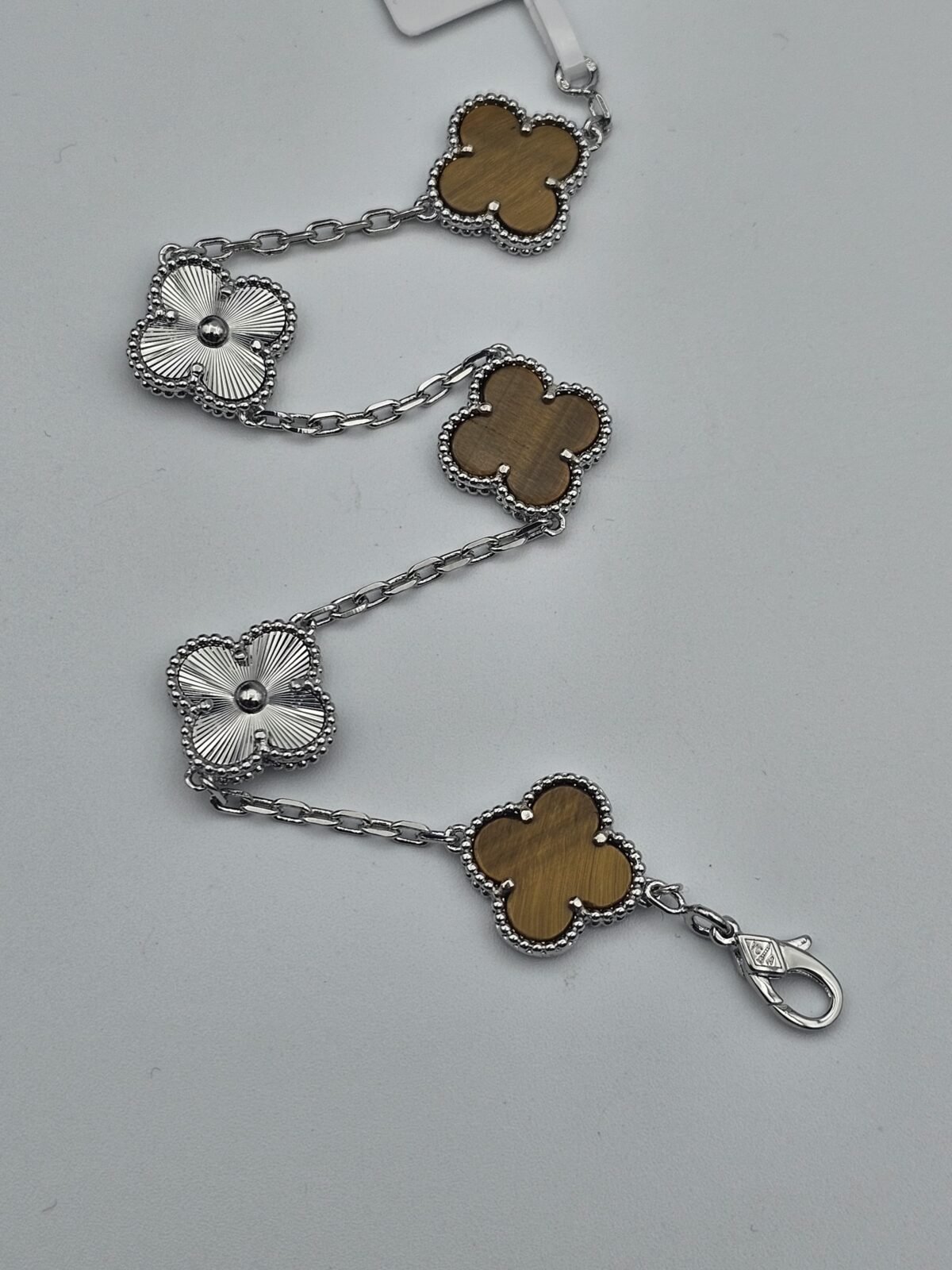 Van cleef modeli 5 yapraklı büyük yonca doğal taş sedef kehribar-düz vca gümüş bileklik