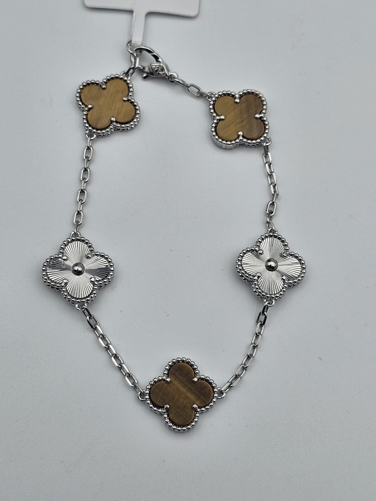 Van cleef modeli 5 yapraklı büyük yonca doğal taş sedef kehribar-düz vca gümüş bileklik