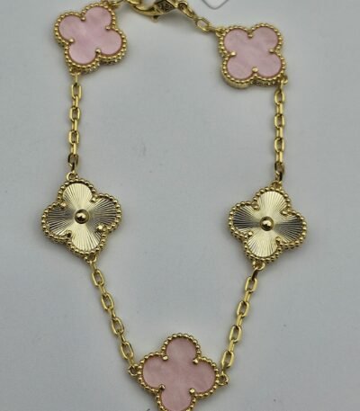 Van cleef modeli 5 yapraklı büyük yonca doğal taş sedef pembe-düz vca gold bileklik
