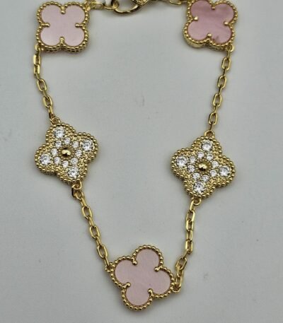Van cleef modeli 5 yapraklı büyük yonca doğal taş sedef pembe ve taşlı vca gold bileklik