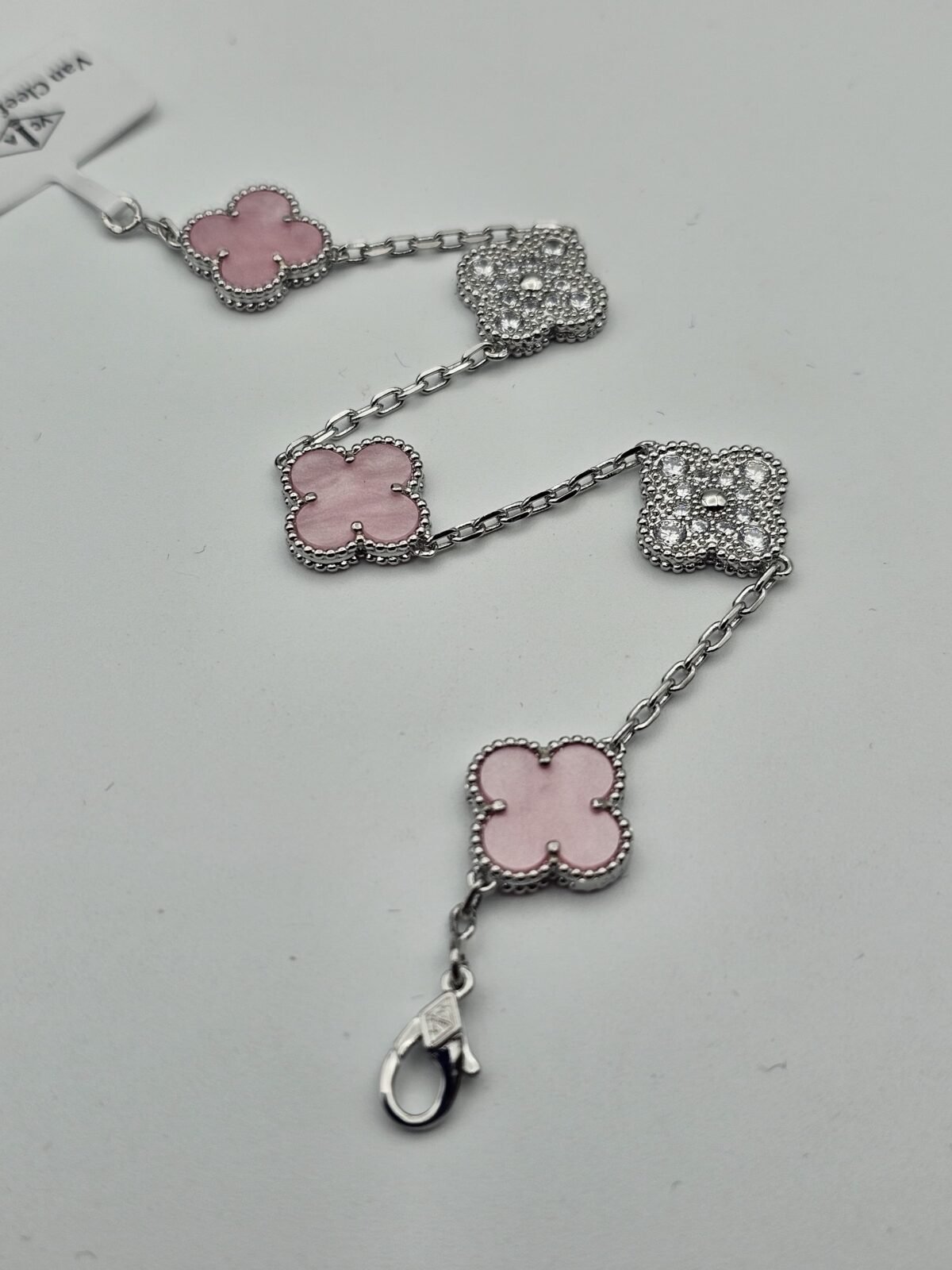 Van cleef modeli 5 yapraklı büyük yonca doğal taş sedef pembe ve taşlı vca gümüş bileklik