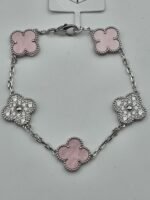 Van cleef modeli 5 yapraklı büyük yonca doğal taş sedef pembe ve taşlı vca gümüş bileklik