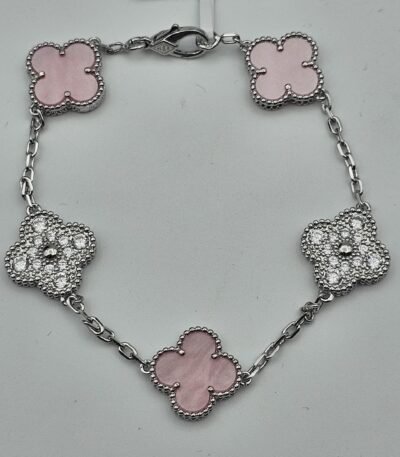 Van cleef modeli 5 yapraklı büyük yonca doğal taş sedef pembe ve taşlı vca gümüş bileklik